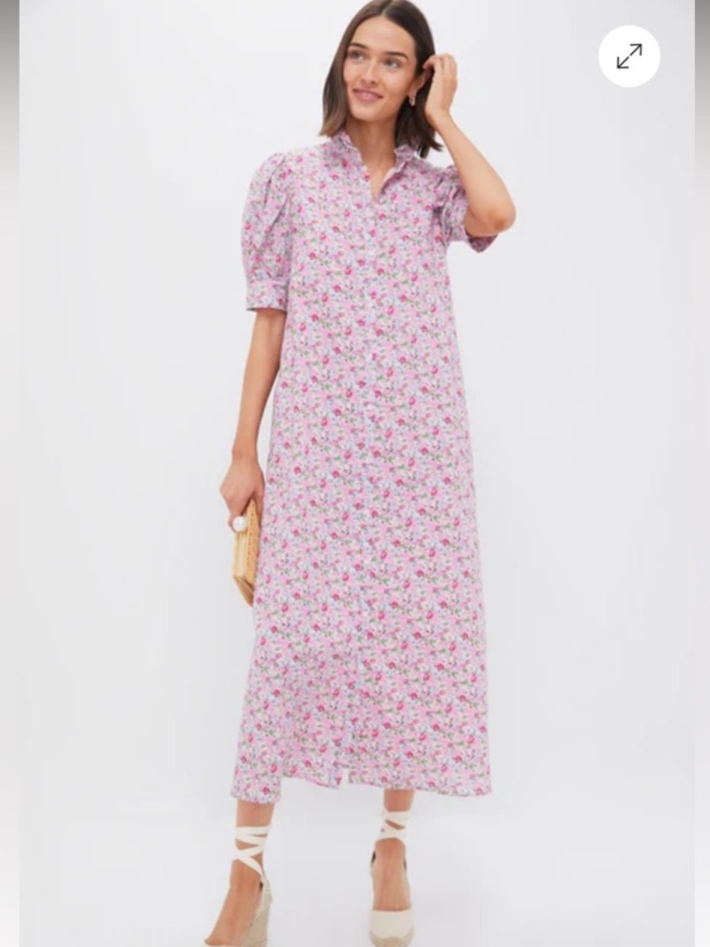 Floral Puff-Sleeve Midi Dress in Pink